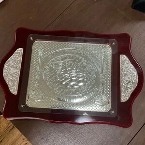 Vintage Silver Plated And Glass  ChallahBread  Tray Panel Judaica Wood Base